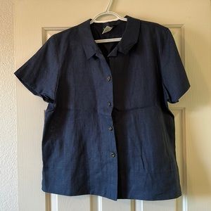 Women’s navy blue linen button up short sleeve shirt